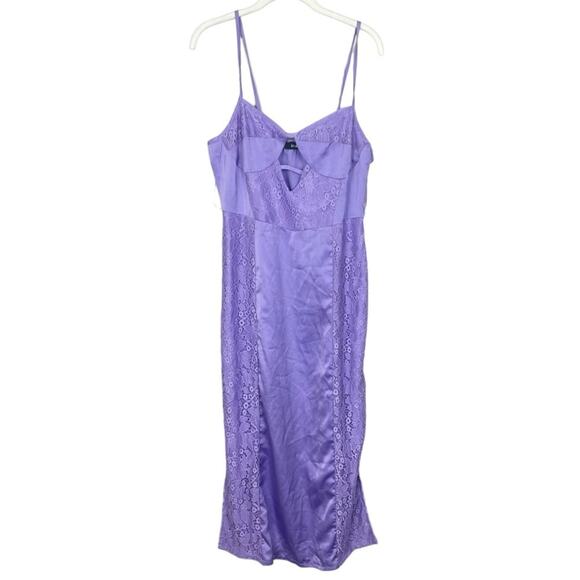 NWT NaaNaa satin slit detail midi dress with lace insert Lilac sz US 10 Cocktail - Picture 1 of 6